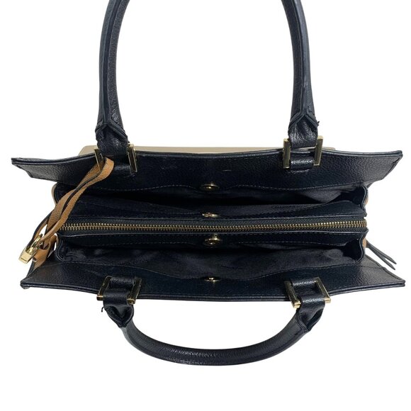Calvin Klein Black Metallic Gold Tan Structured Satchel Buckle Lock Key EUC - Picture 13 of 16